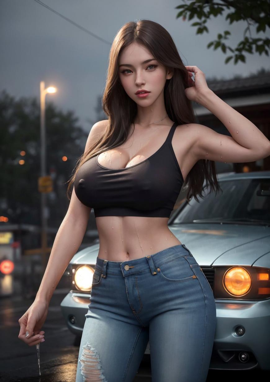 雨中修車的女孩
