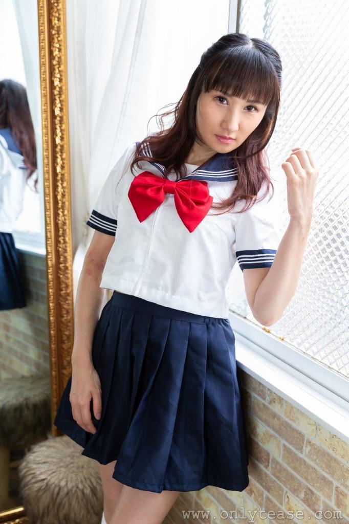 Cute Japanese schoolgirl Rina strips and teases in white panties (21P)